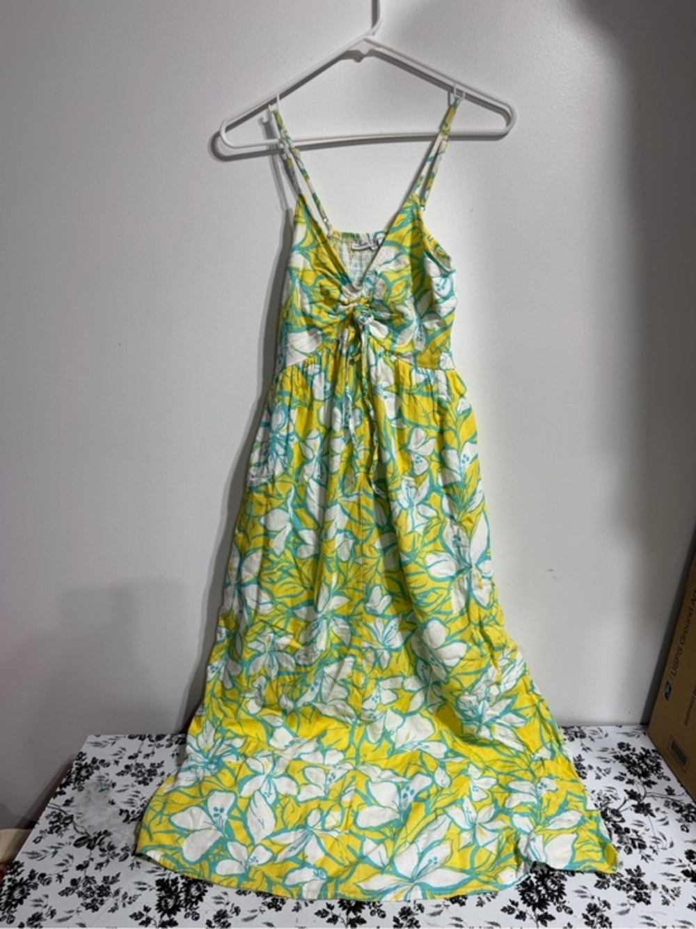 Sincerely Jules Yellow & Blue Floral Smocked Midi Dress - Size Small